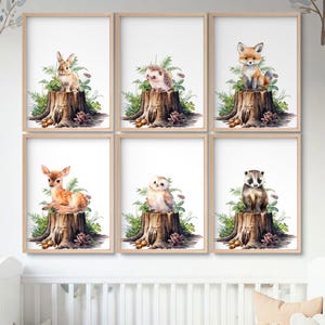 Lote de 6 carteles infantiles con animales del bosque | Bebé cervatillo, búho, conejo, erizo | Decoración de pared para habitación de bebé | Dibujos de acuarela