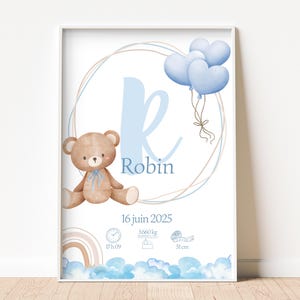 Personalized Digital Birth Poster | Baby Poster with Name, Date, Weight | Birth Gift | Children&#39;s Room Decor | Blue Teddy Bear