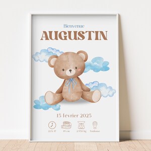 Póster del nacimiento del oso azul | Póster digital personalizado para bebé niño | Decoración de habitaciones infantiles | Formato A4 para imprimir