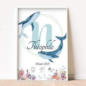 Póster de nacimiento personalizado | Póster de bebé con nombre, fecha y peso | Regalo de nacimiento | Decoración de dormitorios infantiles | Ilustración de ballena oceánica
