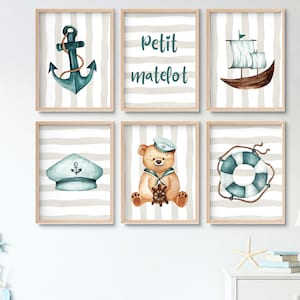 Conjunto de 6 carteles náuticos | Decoración de habitaciones de bebés y niños pequeños | Oso marino, velero, ancla, boya | Pósteres A3, A4, A5 con temática marina