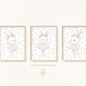 Pósteres de bebé y niña (trío) – Póster de acuarela de bailarina de conejo blanco – Decoración rosa para dormitorio infantil – Juego de 3 pósteres A3 y A4