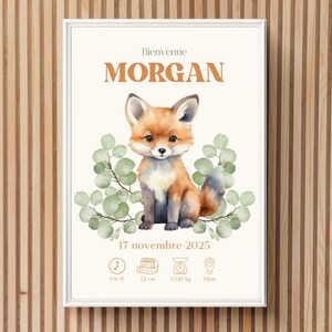 Cartel del nacimiento del zorro | Póster digital personalizado para bebé | Decoración de dormitorio con animales del bosque | Regalo imprimible para padres