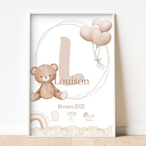 Personalisiertes Geburtsposter beige Teddybär | Gemischte Babyzimmerdekoration | Poster mit Vornamen | Digitales Geschenk für Mädchen und Jungen | Kindergarten