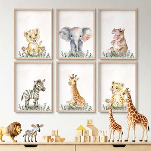 Conjunto de 6 carteles de animales bebés de la sabana | Decoración de dormitorios infantiles | Ilustración de acuarela | Póster de pared de león, elefante y jirafa (tamaño A3, A4 y A5)