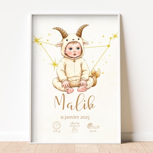 Cartel de nacimiento personalizado signo astrológico Capricornio | Bebé vestido de cabra del zodiaco | Póster digital A4 A3 para imprimir | Memoria