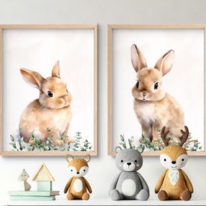 Dúo de pósteres de conejos mixtos (A4/A3), póster de animales del bosque, decoración de pared para habitación de bebé, naturaleza, suavidad, regalo de nacimiento