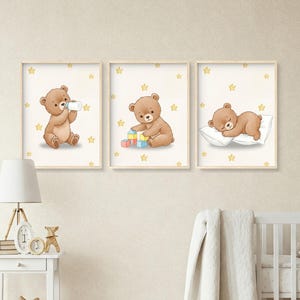 Trío de carteles de osos de peluche | Conjunto de 3 carteles para habitación de bebé | Decoración de pared con animales lindos | Descarga digital | Acuarela estrellada suave