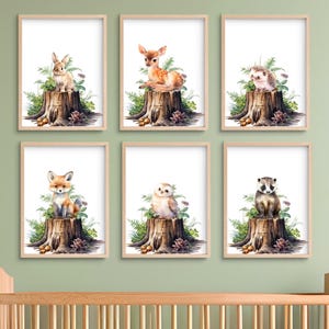 Juego de 6 pósteres de animales del bosque: cervatillo, búho, conejo y erizo. Decoración de pared para habitación de bebé, acuarela, tamaño A3/A4/A5.
