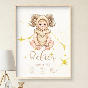 Póster de nacimiento de bebé Aries personalizado | Signo del zodiaco imprimible | Póster digital A4 A3 | Decoración infantil con forma de estrella