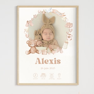 Póster de nacimiento mixto personalizado con foto | Osito de peluche beige | Retrato de nacimiento personalizado para imprimir | Regalo Decoración de la habitación del bebé