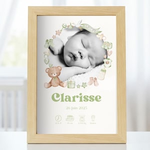 Póster de nacimiento mixto personalizado con foto | Osito de peluche verde salvia | Retrato de nacimiento personalizado para imprimir | Regalo Decoración de la habitación del bebé