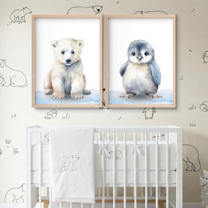 Dúo de carteles de animales de témpano de hielo | Bebé oso polar y bebé pingüino | Pósters de pared para dormitorio infantil | Decoración nórdica A3 A4 A5