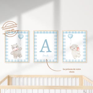 Conjunto de 3 carteles personalizables de bebé mixtos | Decoración de paredes para dormitorios infantiles | Animales y Globos | Nombre e inicial | Póster de cuadros azules