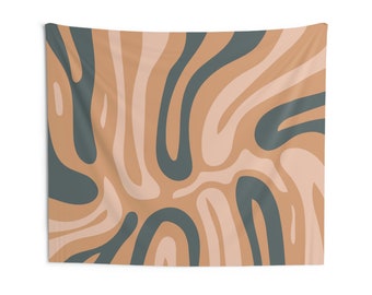 May include: Abstract tapestry with a wavy pattern in shades of brown and teal.