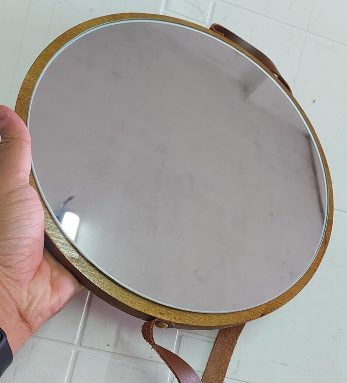 Hanging Round Wall Mirror With Leather Strap Minimalist Wood Framed