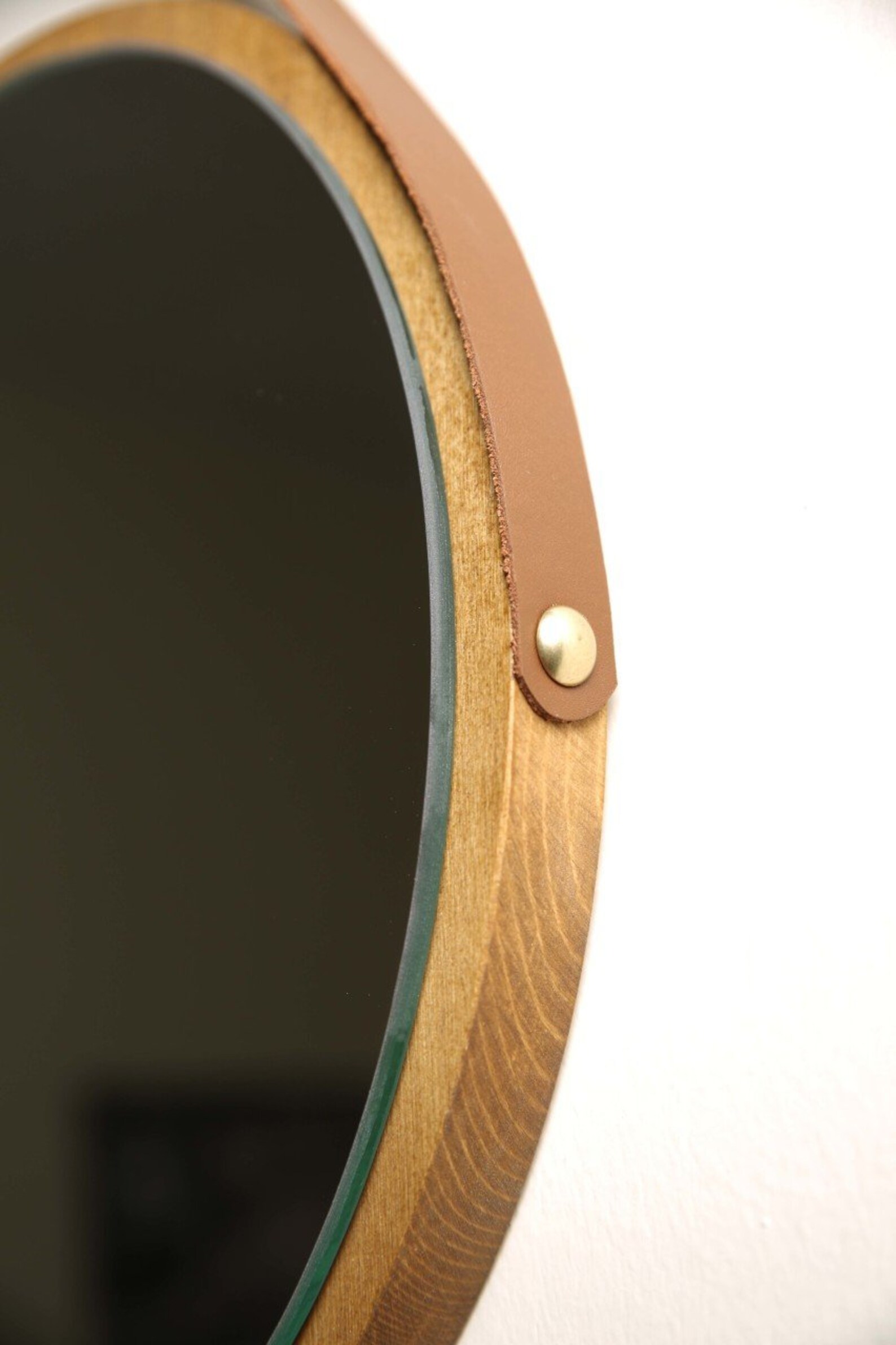 Hanging Round Wall Mirror With Leather Strap Minimalist Wood Framed