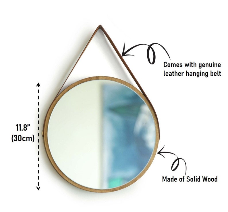 Hanging Round Wall Mirror With Leather Strap Minimalist Wood Framed