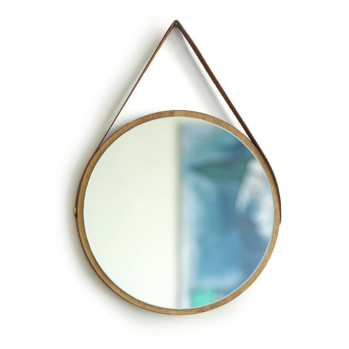 Hanging Round Wall Mirror With Leather Strap Minimalist Wood Framed