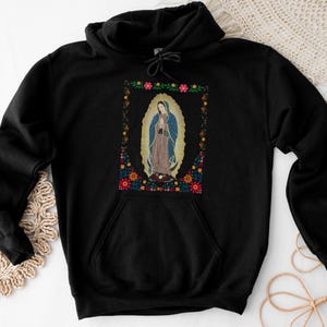 Our Lady of Guadalupe Boho Floral Hoodie, Christian Apparel, Virgin Mary Hoodie, Christian Faith Religious Pullover Jumper, Church Top