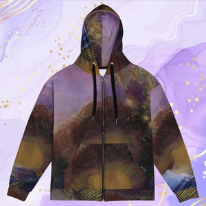 Purple and Brown Allover Print Zip Up Hoodie, Dark Colour Moody Purple Pullover Jumper, Brown Allover Design Jacket, Abstract Zip Up Top