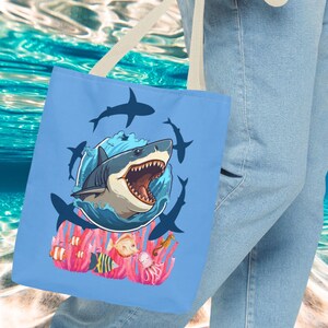 Shark Tote Bag, Ocean Lover Beach Bag, Shark Week Gift, Marine Life Tote, Jaws Fan Tote, Sea Creature Carryall, Shark Attack Shoulder Bag