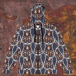 Sudadera con capucha y cremallera con diseño de oso, jersey de arte popular, top con diseño hippie y floral bohemio, sudadera con cremallera con oso grizzly, jersey con oso bonito, oso de dibujos animados