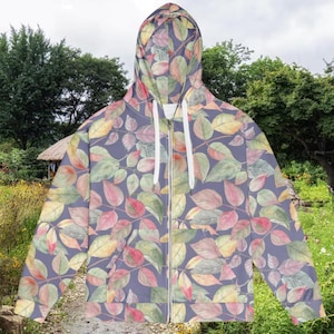 Damen Reißverschluss Hoodie, Cottagecore Blätter Hoodie, Natur inspiriert Sweatshirt, Botanischer Print Pullover, Kuscheliger Pullover, Herbst Garderobe Essential