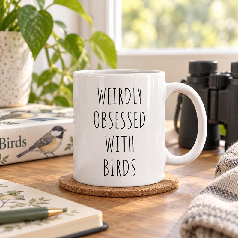 May include: A white ceramic mug with a handle, featuring the black printed text "WEIRDLY OBSESSED WITH BIRDS" in a simple, sans-serif font. The mug sits on a round, brown cork coaster, displaying a clean, cylindrical shape and a smooth finish.