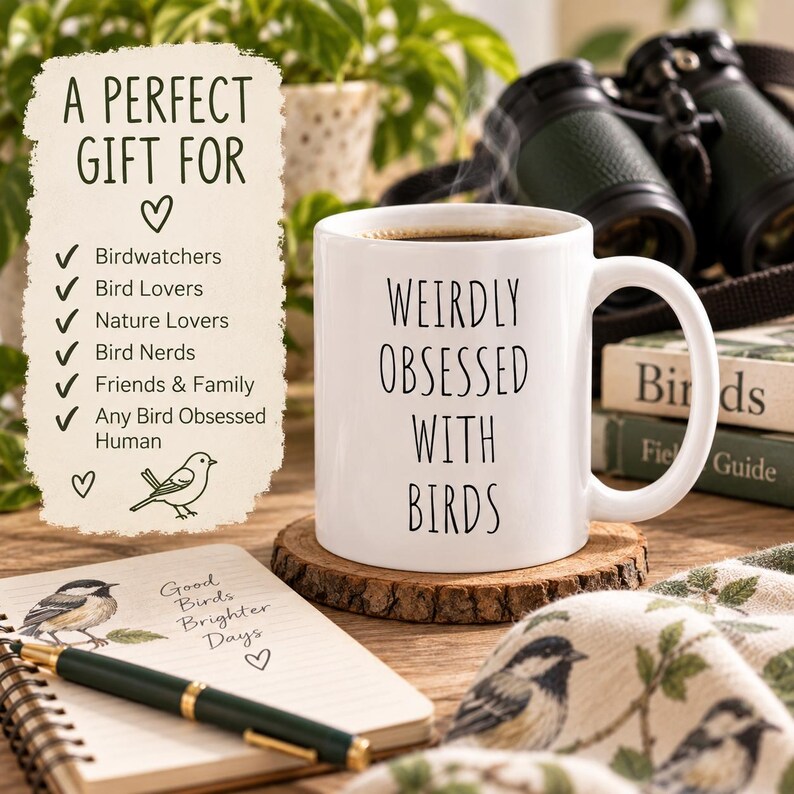 May include: A white ceramic mug featuring the black text WEIRDLY OBSESSED WITH BIRDS. The mug sits on a wooden coaster next to a notebook with a bird illustration, a pen, a pair of binoculars, and a book titled Birds Field Guide.