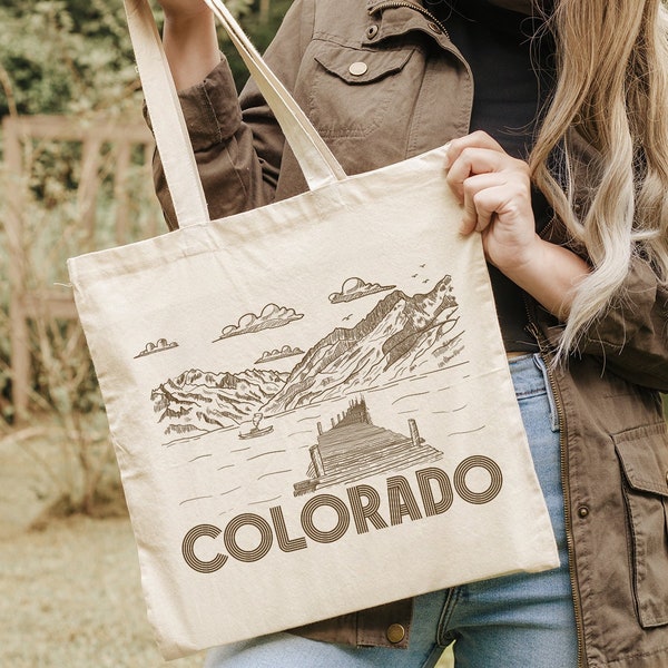 Colorado Graphic Tote Bag, Rocky Mountains Gift Shoulder Bags, Boho Colorado Totes, Vintage Inspired Cotton Bag, Unisex Colorado Scene Bags