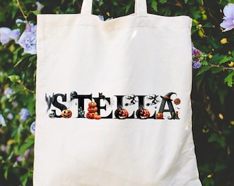 Personalized Halloween Tote Bag, Gift Custom Pumpkin Skeleton Ghost Witch Black Cat Bag, Customized Name Tote Bag, Trick or Treat Goodie Bag
