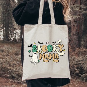 Spooky Mama Tote Bag, Funny Halloween Gifts For Mother, Spooky Season Shoulder Bags, Halloween Party Totes,Cute Spooky Ghost Canvas Tote Bag