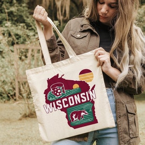 Wisconsin Tote Bag, State of Wisconsin Lover Gift Shoulder Bag, Wisconsin State Map Bag, Retro Wisconsin Travel Gifts, Wisconsin Trip Totes