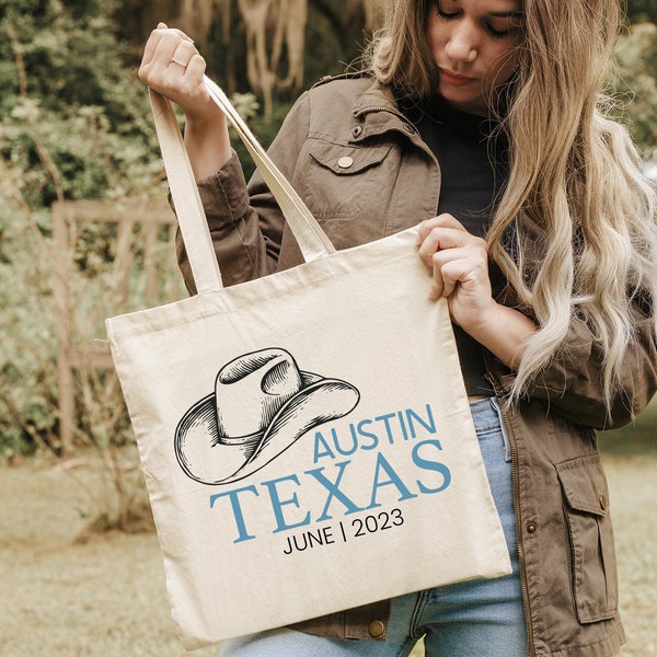 Personalized Austin Texas Welcome Tote Bag, Wedding Gift For Bridal Party, Custom Date Shopping Tote, Austin Bachelorette Tote Gifts