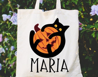 Personalized Halloween Name Tote Bag, Gift Halloween Treat Bags for Kids, Customized Halloween Tote,Pumpkin Black Cat Bag Trick or Treat Bag