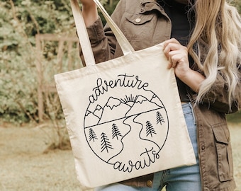 Adventure Awaits Tote Bag, Nature Lover Gift Shoulder Bag, Mountains Totes, New Adventure Bags, Hiker Tote Bags, Vacation Bag, Holiday Tote