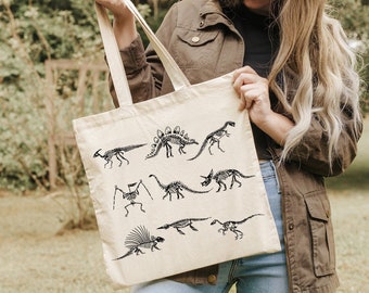 Dinosaur Skeleton Tote Bag, Paleontology Gift, Funny Retro Dino Shoulder Shopping Canvas