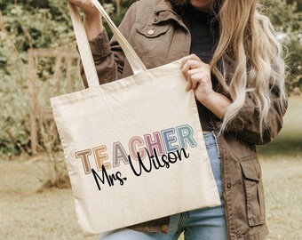 Custom Teacher Tote Bag, Personalized Teacher Mrs Gift Bags, Gifts For Teacher, Teacher Appreciation Shoulder Bag, Retro Cute Teacher Totes