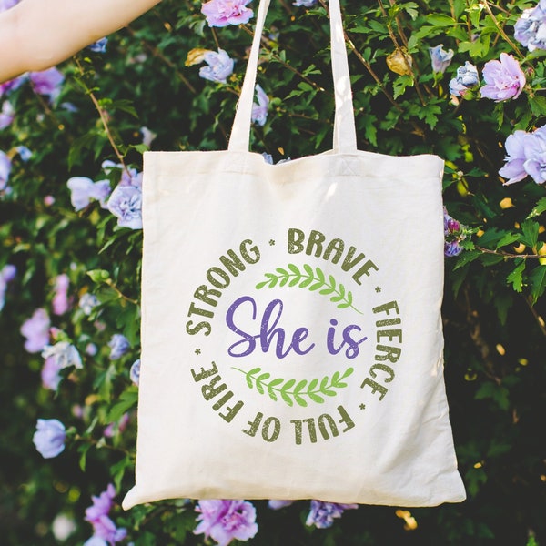 Strong Women Tote Bag, Christian Mom Gift Totes, She Is Fierce Strong Brave Full of Fire Shoulder Bags, Girl Power Canvas Bag,Feminist Gifts