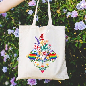 Cute Wildflowers Tote Bag, LGBTQ Gift Shoulder Bags, Pride Gay Totes, Rainbow Lesbian Canvas Bags, Watercolour Art Awareness Bags, Floral B