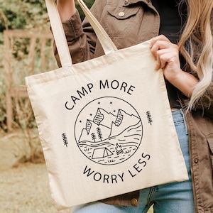 Happy Camper Tote Bag, Camp More Worry Less, Camp Gifts, Nature Lover Gift, Hiking Gifts For Women, Outdoorsy Gifts For Women, Vacation Tote