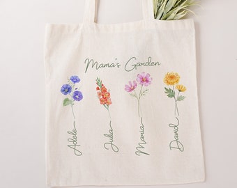 Customized Mama's Garden Tote Bag, Mother's Day Gifts, Birth Month Flower Shoulder Bags, Custom Mom's Flowers Garden Birthday Canvas Totes