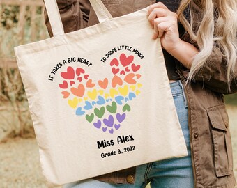 Personalized Teacher Gift bag, Custom Teacher Tote Bag, Teacher Gift Book Bag, It Takes A Big Heart To Shape Little Minds, Custom Name Year