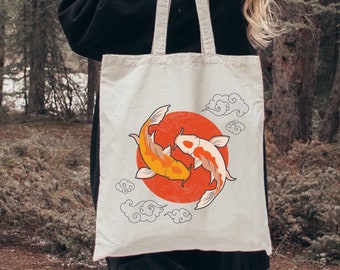 Koi Fish Tote Bag, Koi Yin Yang Women Gift Bags, Japanese Street Shoulder Bag, Aesthetic Artwork Artist Totes, Luck of Japan, Art Lover Bag