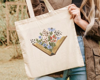 Floral Book Tote Bag, Library Tote, Bookworm Gift, Eco Friendly Student Tote, Teachers Gift, Book Lover Gift, Jumbo Canvas Zippered Tote Bag