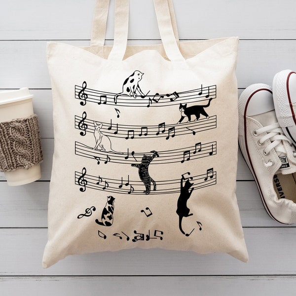 Cat Funny Music Notes Tote Bag, Cat Kitten And Music Lover Gift, Cute Musician Shoulder Bag, Music Teacher Life Bags, Music Note Gifts Totes