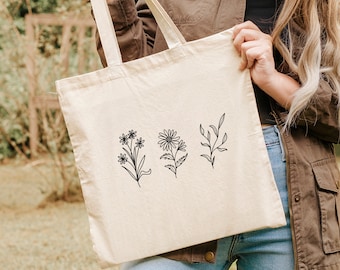 Wildflowers Women Tote Bag, Floral Tote Bags For Gift, Flower Print Shopping Bag, Eco Friendly Shoulder Bag, Botanical Tote Bags