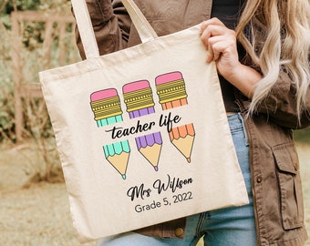 Personalized Crayon Teacher bag, Women Teacher gifts, Custom Name Grade Year Teacher Tote Bag, Teacher Gift Book Bag, School Leaving Present