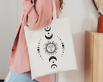 Sun Moon Stars Tote Bag, Celestial Moon Gift Shoulder Bag, Sturdy Astrology, Aesthetic Basic Bags, Sustainable Gifts Totes, Magic Witchy Bag
